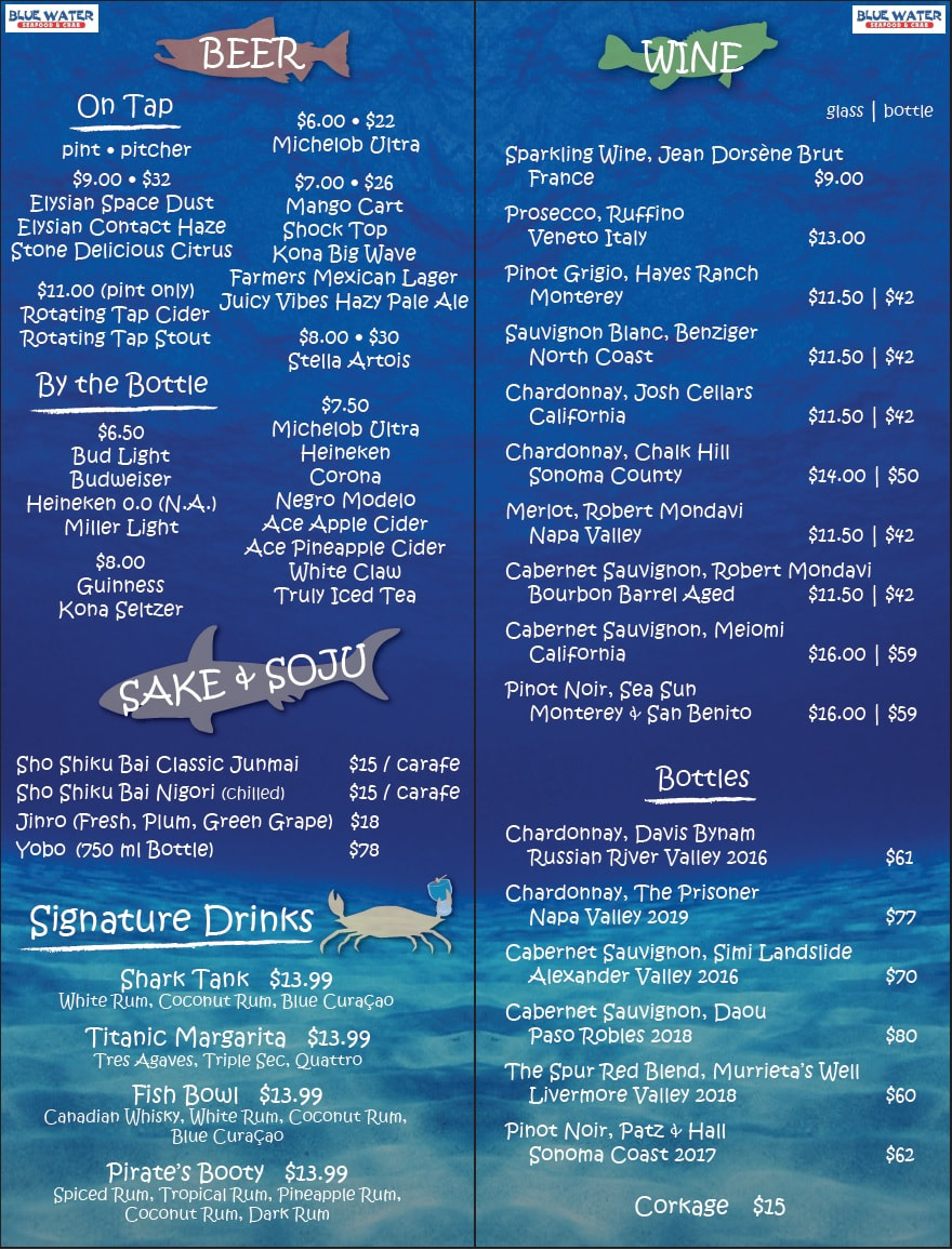 Blue water on sale seafood menu